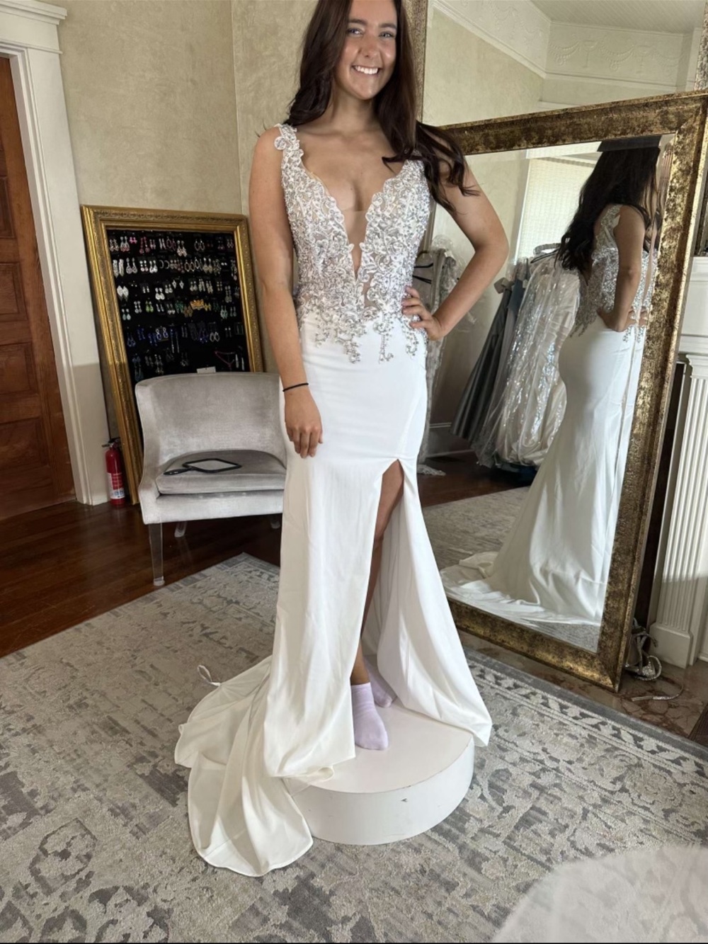 Panoply White Beaded V-Neck Prom Gown with Thigh Slit